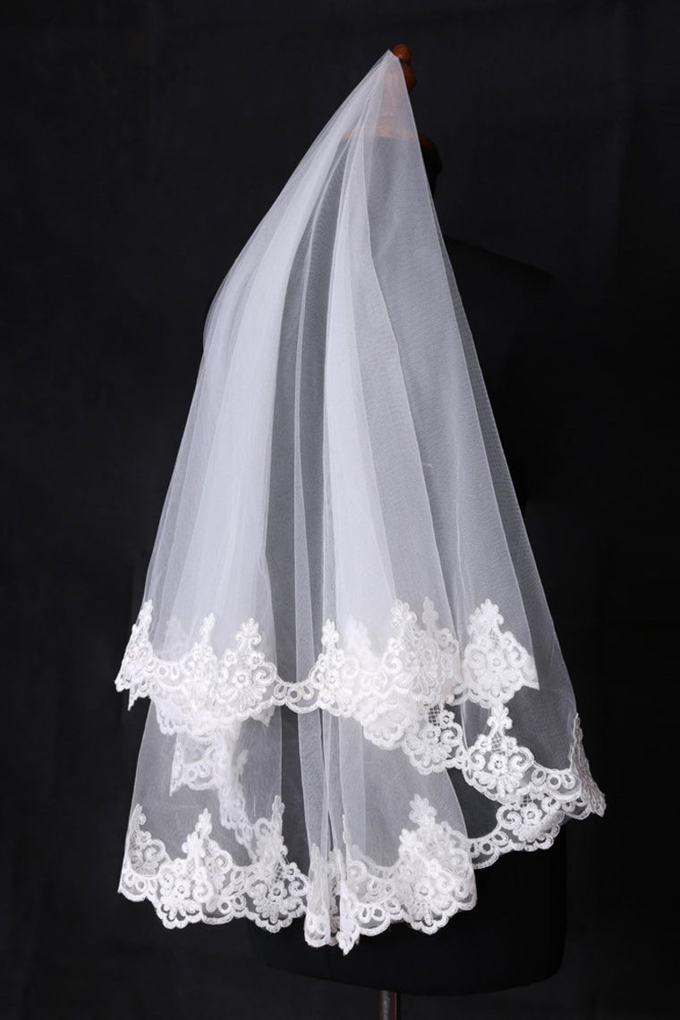 Two-Tier Finger-Tip Length Bridal Veils With Applique