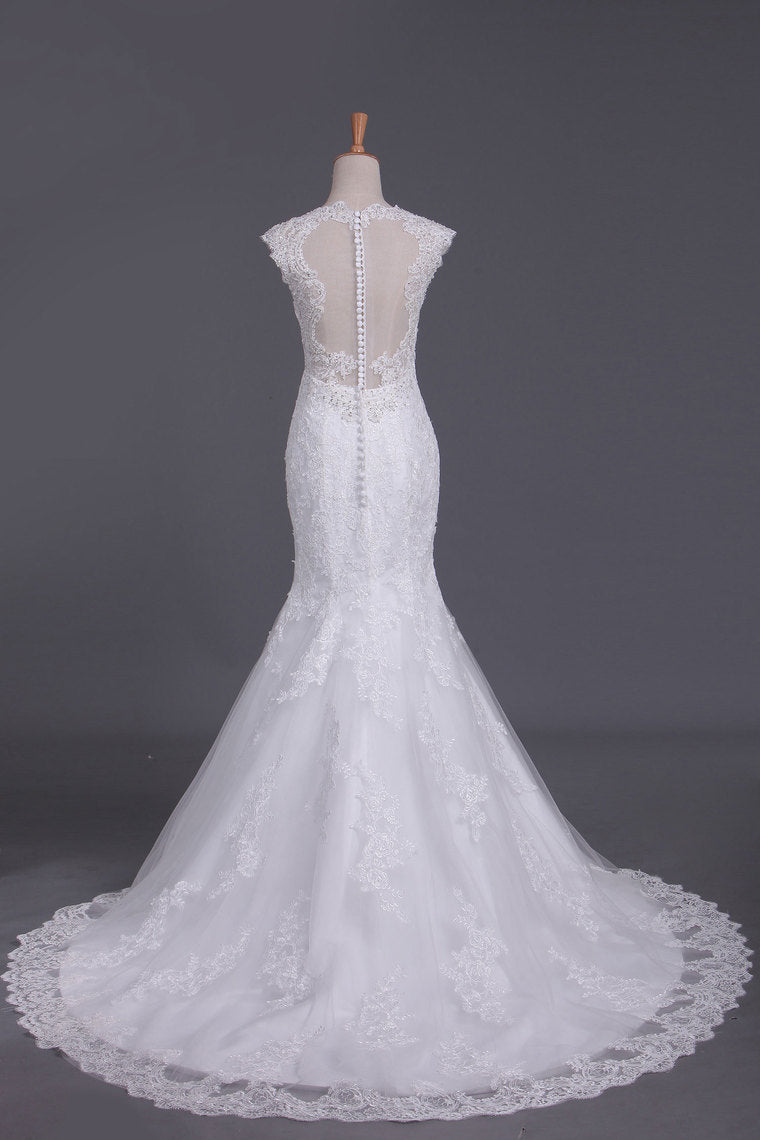 2022 V Neck Wedding Dresses Mermaid/Trumpet Court Train Tulle