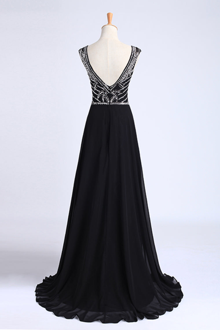 2022 Prom Dresses A-Line Scoop Dark Navy Blue Long Chiffon Chic Dresses