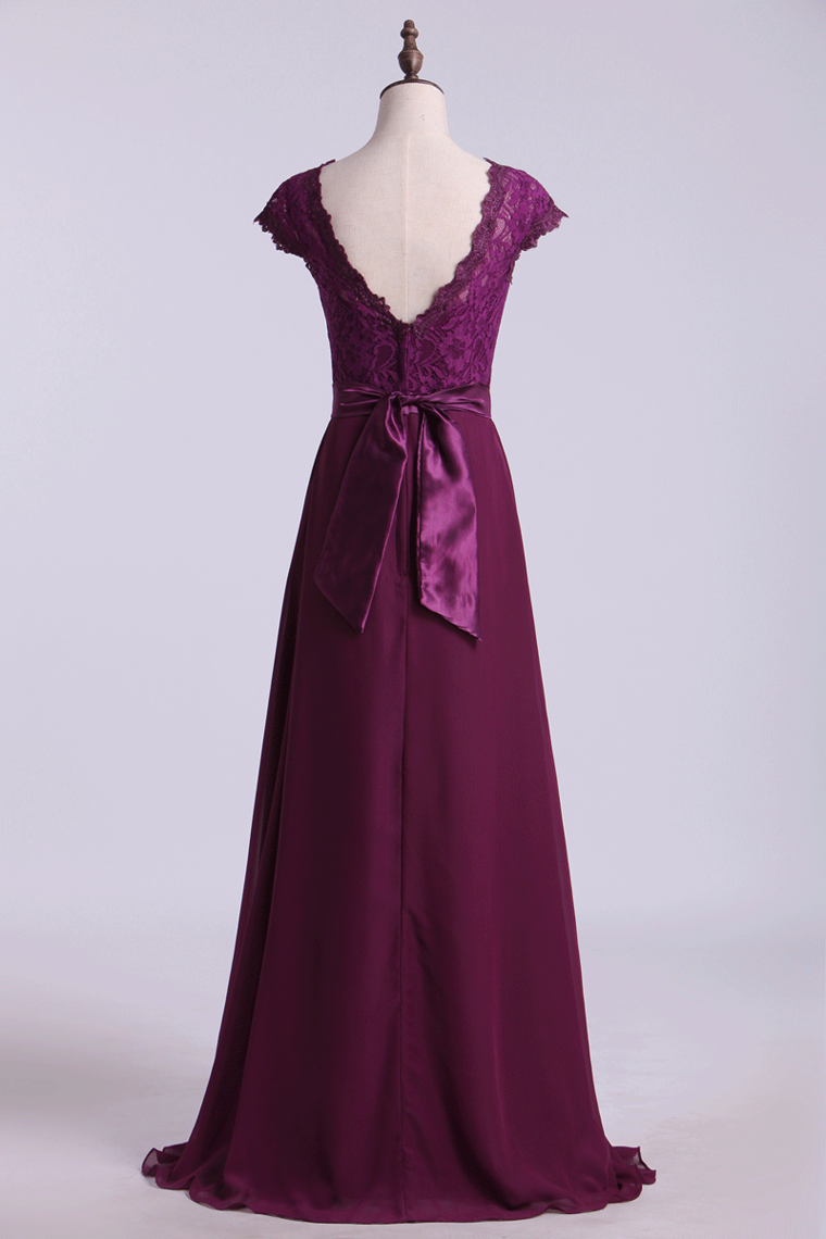 2022 Cap Sleeve Chiffon & Lace Bridesmaid Dresses A-Line Floor-Length