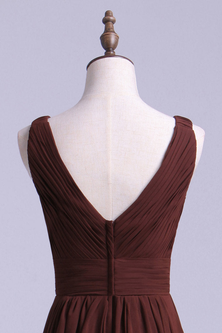 2022 V-Neck Bridesmaid Dresses A-Line Chiffon With Ruffles