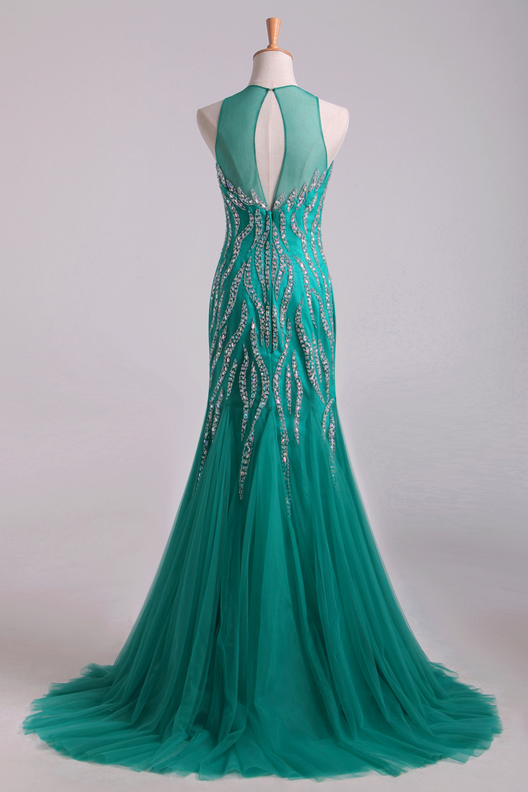 2022 Scoop Mermaid Tulle Prom Dresses Fully Beaded Bodice Sweep Train