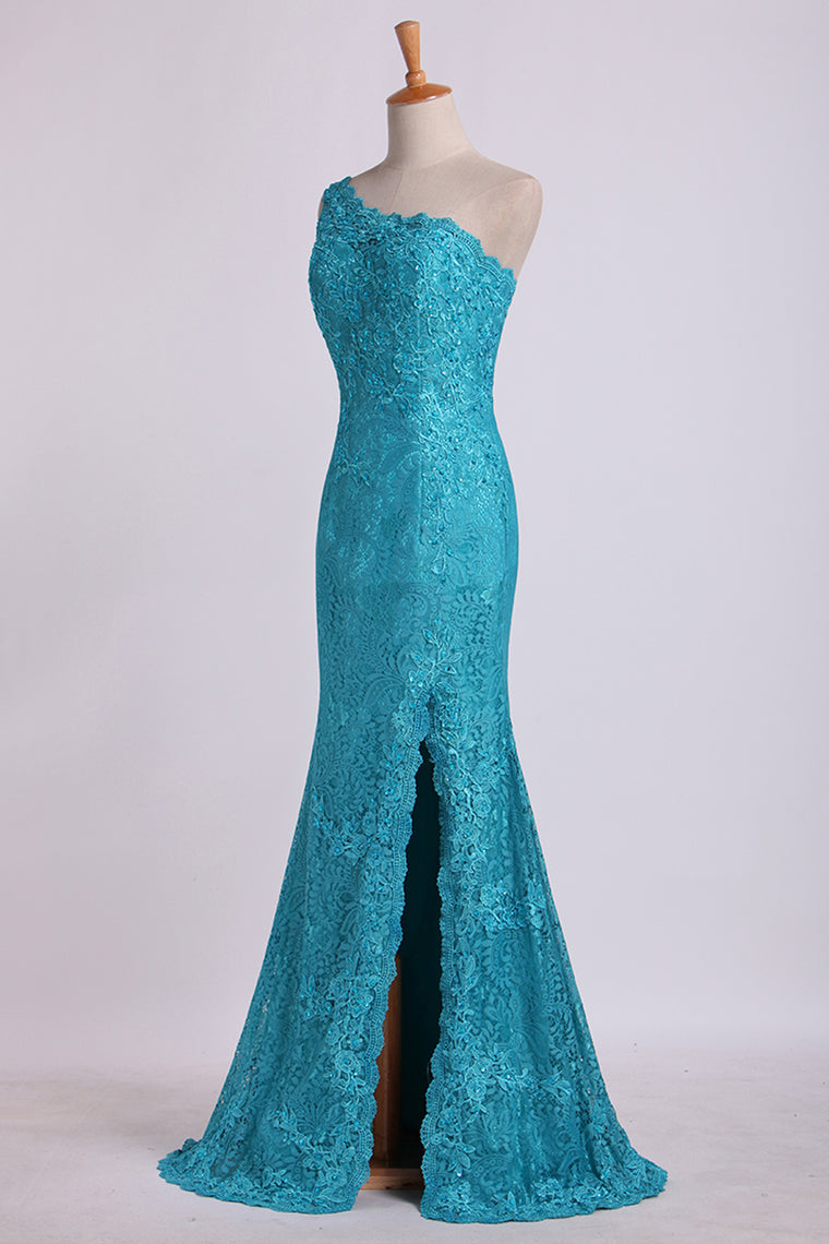 2022 One-Shoulder Sheath Prom Dresses Beaded Lace Floor-Length Zipper Back