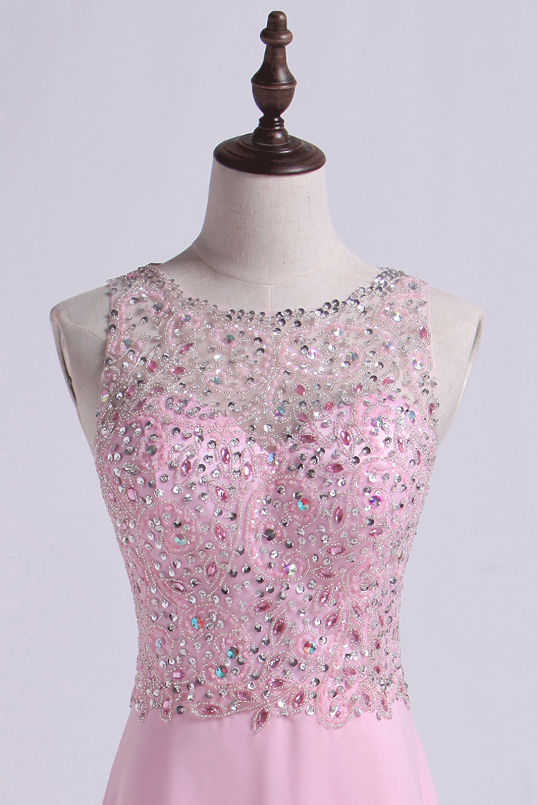 2022 Bateau Prom Dresses A Line Beaded Bodice Chiffon