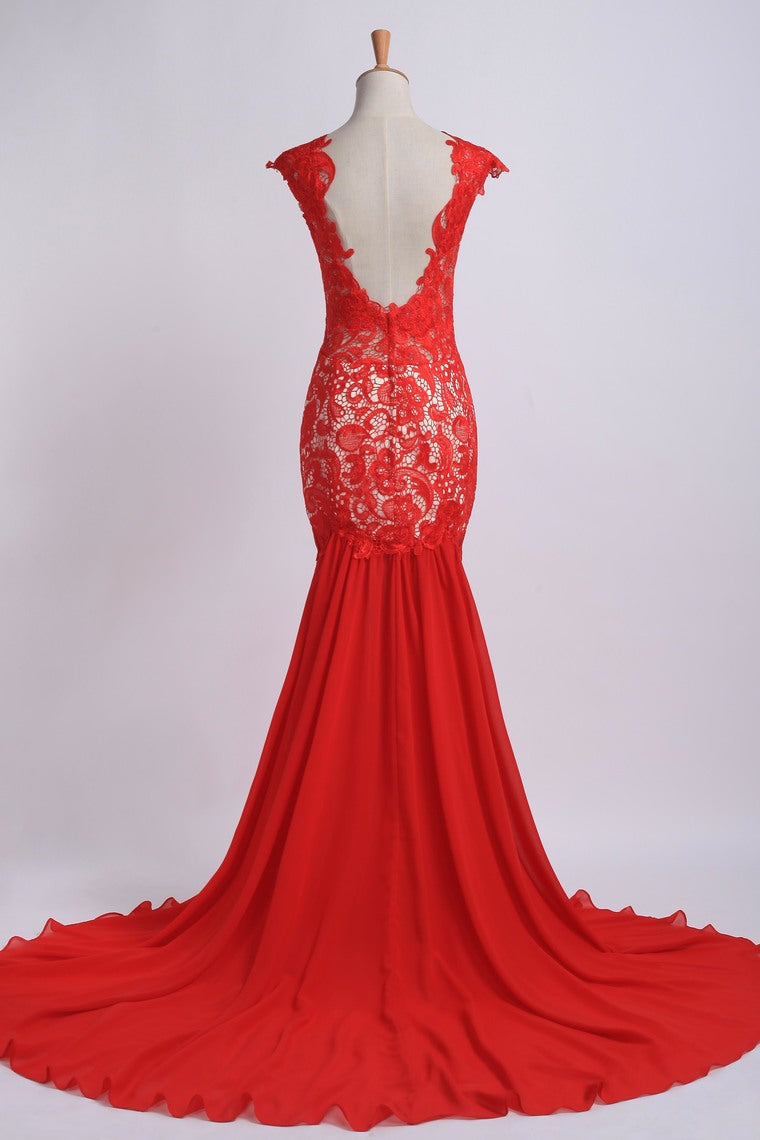 2022 Open Back Prom Dresses Mermaid Sweep/Brush Train Chiffon&Lace
