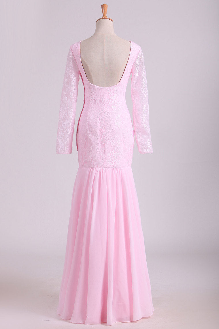 2022 Lace Bateau Long Sleeves Mermaid Prom Dresses Floor Length