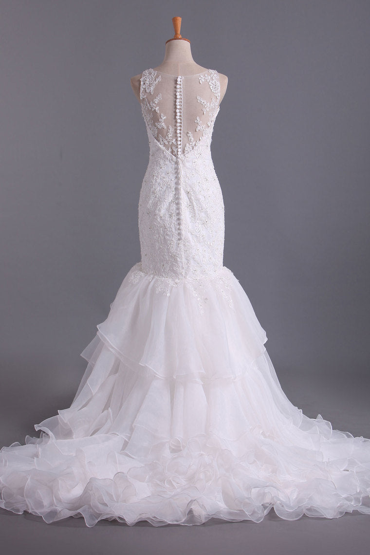 2022 V Neck Wedding Dresses Organza With Applique  & Ruffles Mermaid Court Train