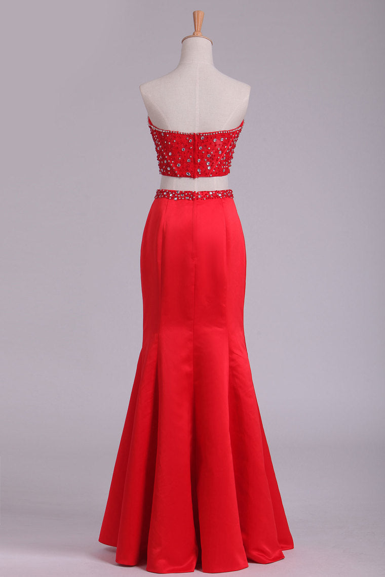 2022 Sweetheart Beaded Bodice Two-Piece Mermaid Prom Dresses Satin