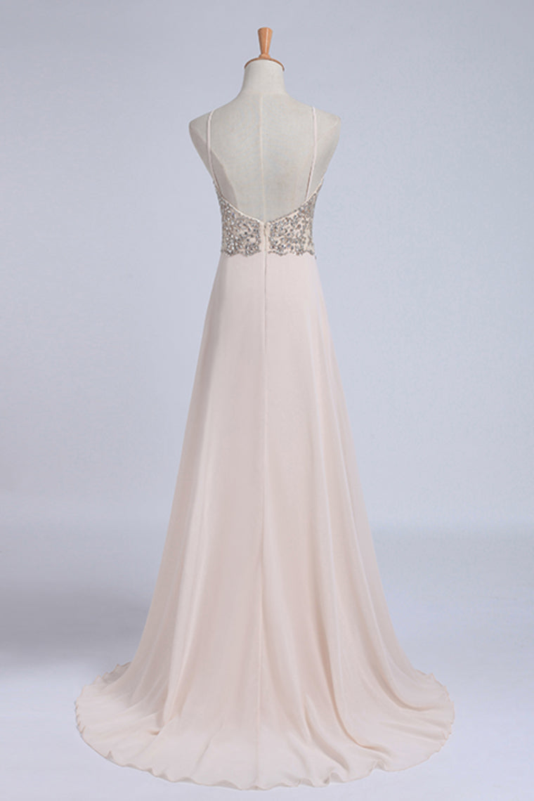2022 Spaghetti Straps Beaded Bodice A-Line Chiffon Prom Dresses