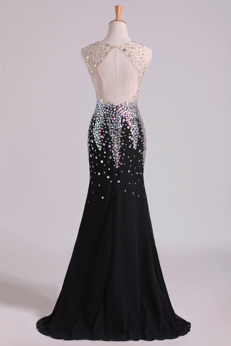 2022 V Neck Prom Dresses Mermaid Chiffon&Tulle Sweep Train With Beading Backless