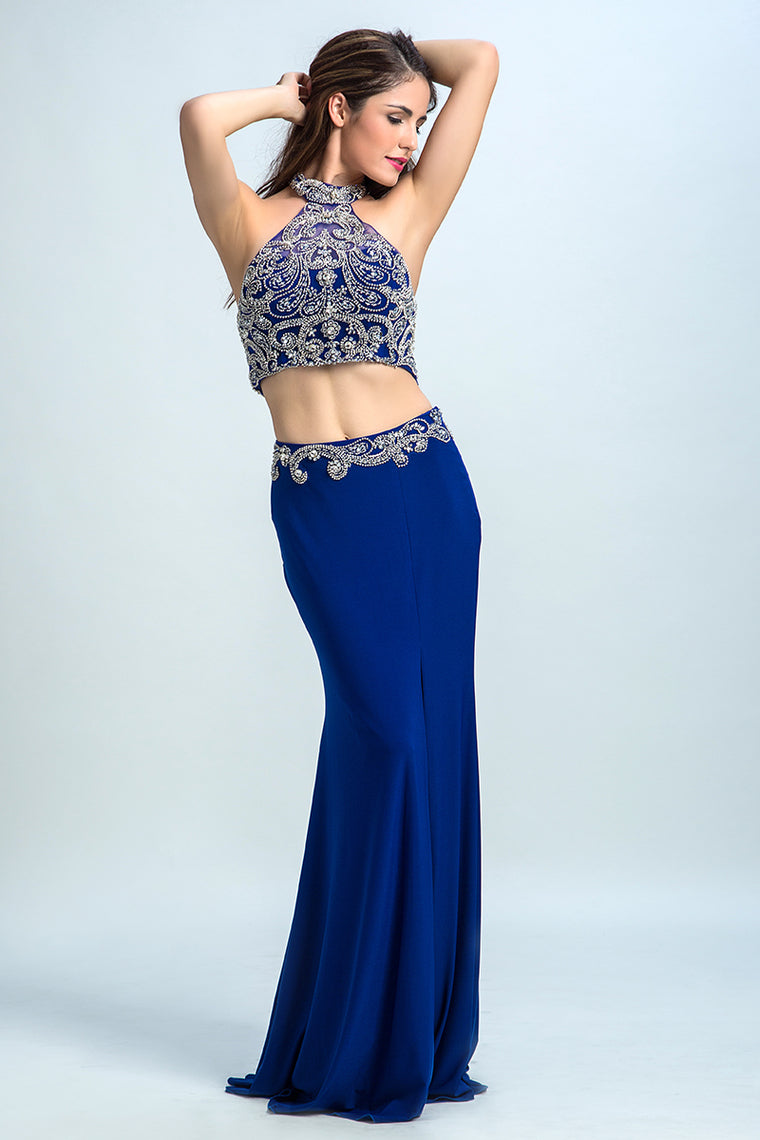 2022 Halter Prom Dresses Beaded Bodice With Slit