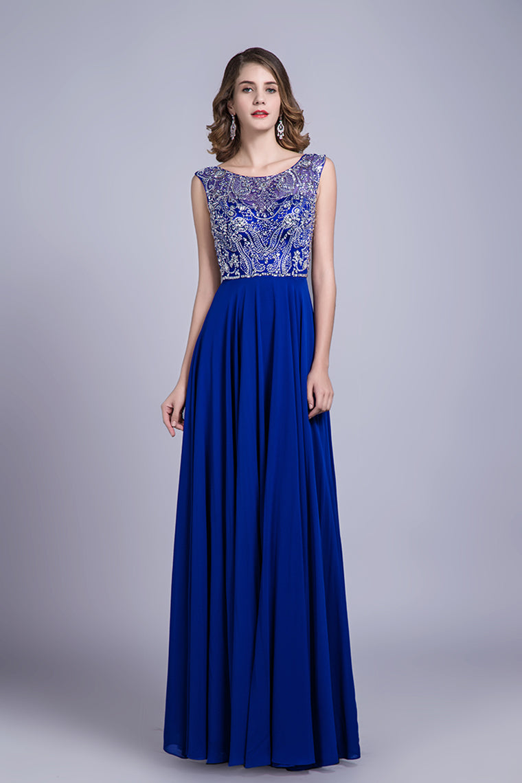 2022 Prom Dresses A-Line Scoop Floor-Length Dark Royal Blue Chiffon Beaded Bodice