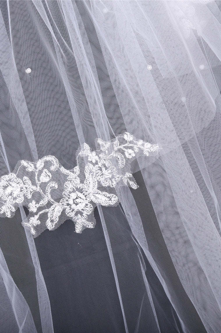 Two-Tier Finger-Tip Length Bridal Veils With Applique