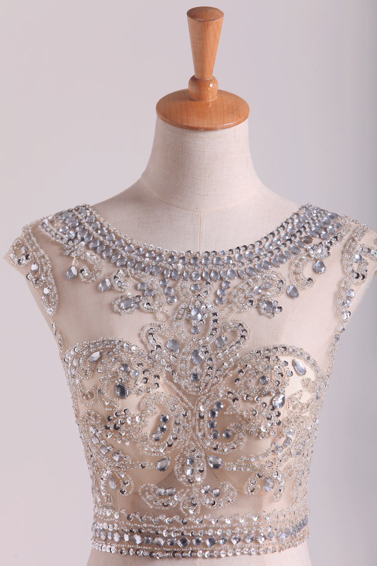 2022 Two-Piece Scoop Column Prom Dresses Beaded Bodice Chiffon