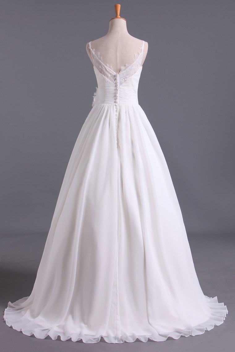 2022 Spaghetti Straps With Applique & Handmade Flowers Chiffon A Line Wedding Dresses