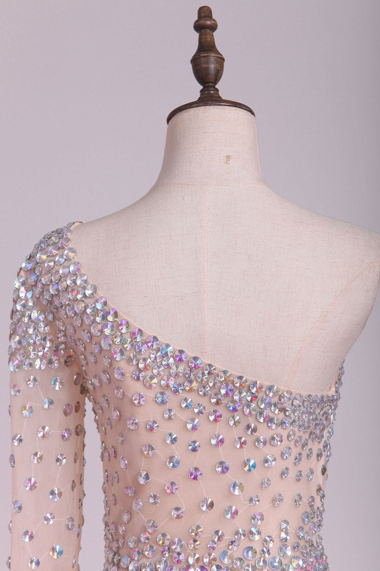 2022 One Sleeve Prom Dresses Mermaid Chiffon With Slit And Rhinestones