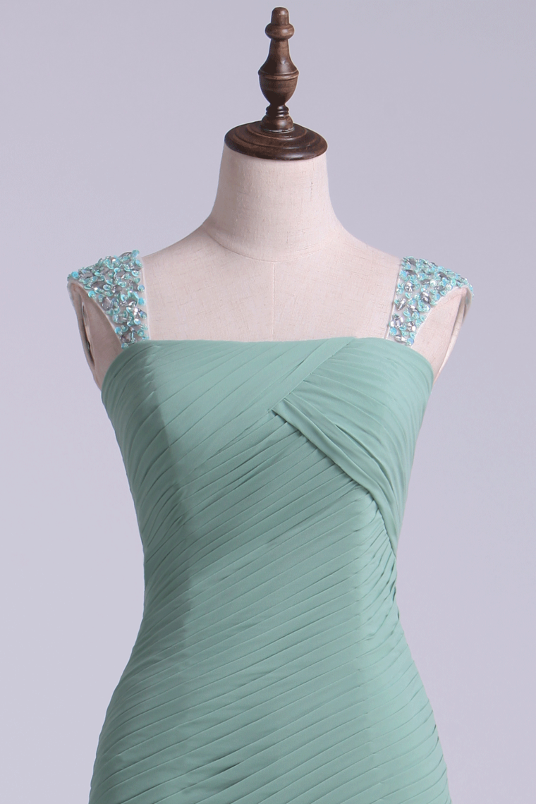 2022 Long Prom Dresses Straps Ruffled Bodice Beaded Hot Selling