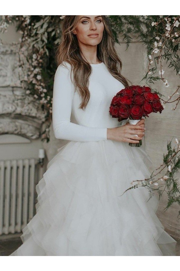 A-Line Tulle Ruffles Bateau Long Sleeves Court Train Wedding Dresses
