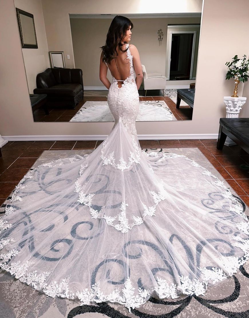 Aila | Mermaid Spaghetti Straps Backless Sweep Train Wedding Dress