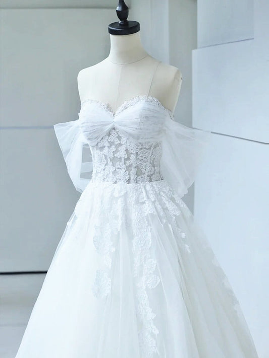 Off the Shoulder White Lace Appliques Sleeveless Lace-Up Wedding Dresses