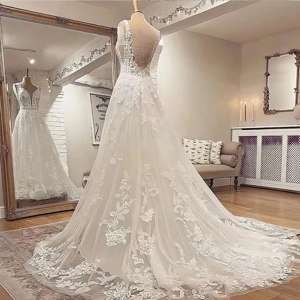 A-Line Bohemian 3D Floral Backless Wedding Dress