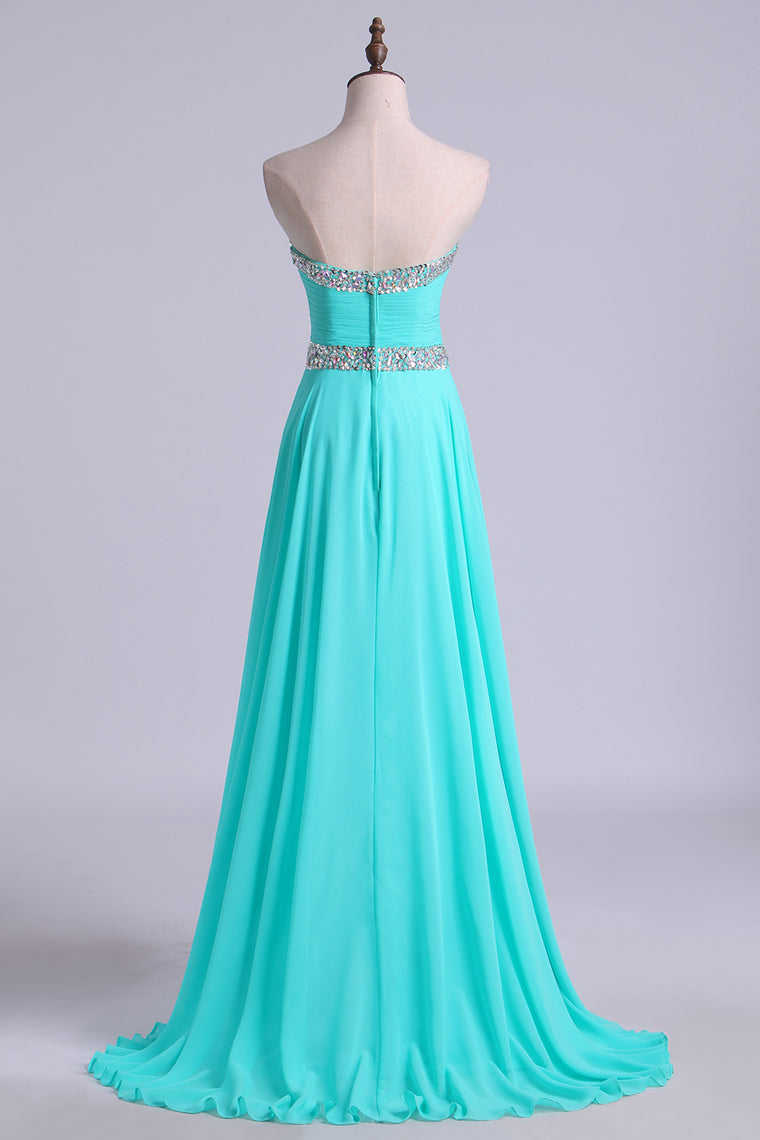 2022 Prom Dresses A Line Floor Length Sweetheart Chiffon With Rhinestone