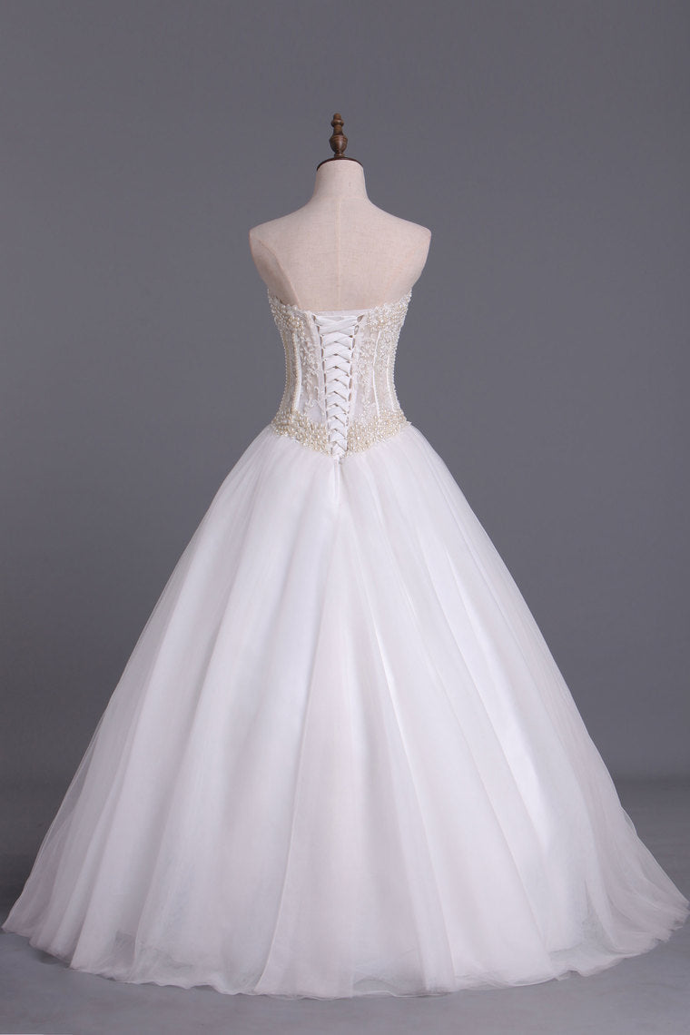 2022 Wedding Dresses A-Line Sweetheart See Through Tulle With Pearls Lace Up Floor Length