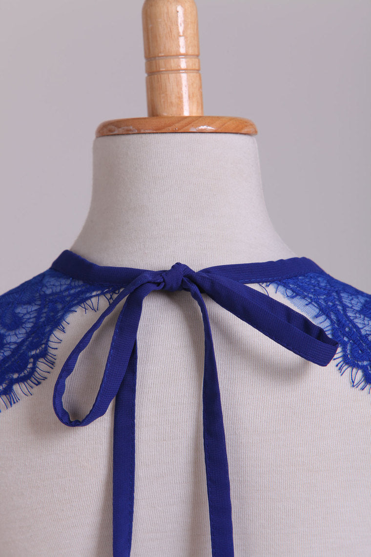 2022 Eyelid Lace Back Flower Girl Dress A Line Chiffon & Lace With Flower Dark Royal Blue