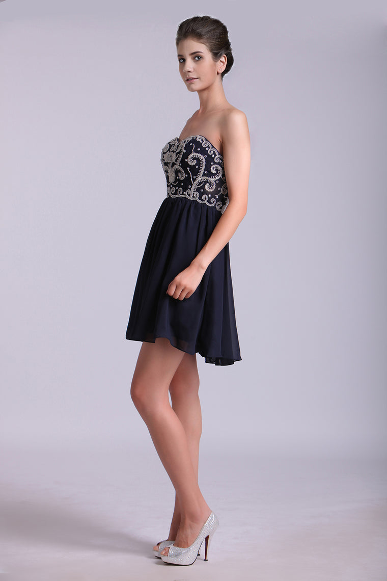 2022 Homecoming Dresses A Line Short/Mini Sweetheart Chiffon With Beads&Sequins