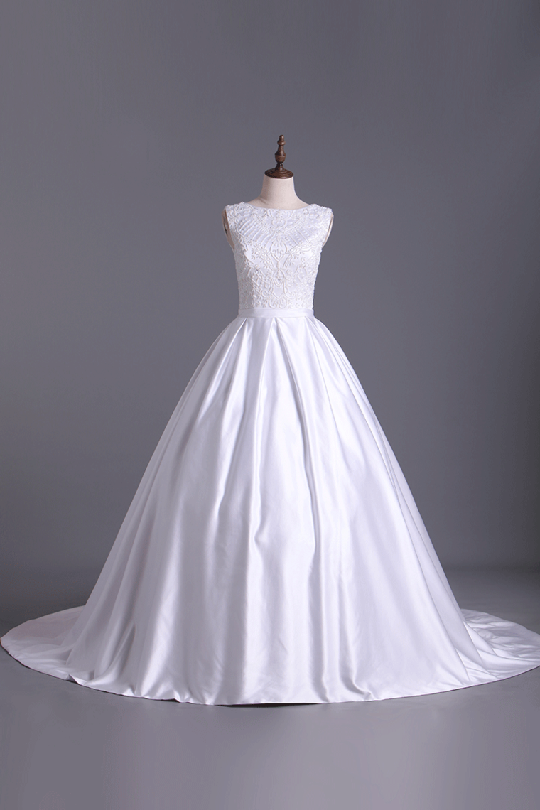 2022 Scoop Sexy Back A Line Beaded Bodice Satin Wedding Dress Chapel Trian
