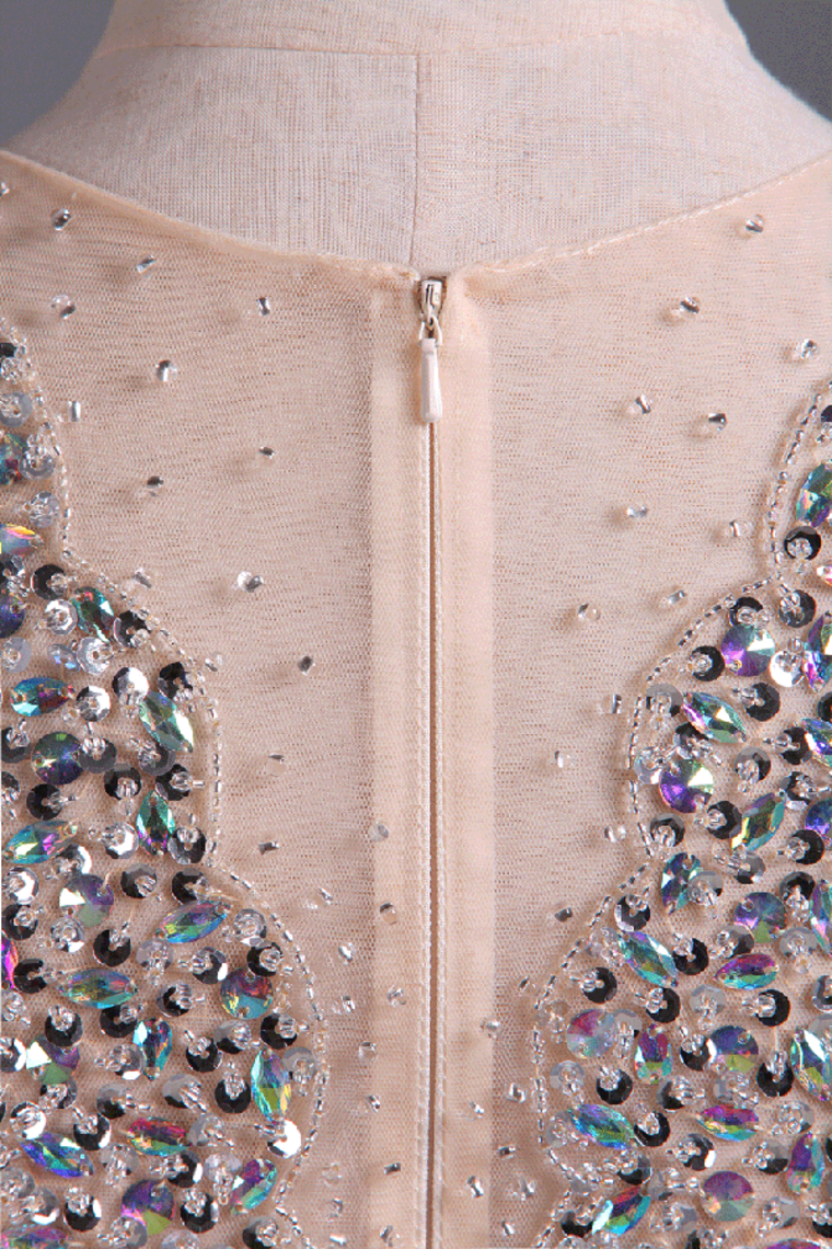 2022 Scoop Column Prom Dresses Beaded Bodice Spandex & Tulle Sweep Train New