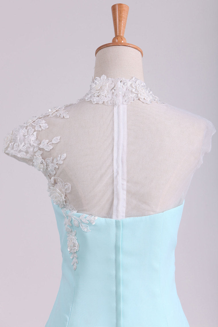 2022 Mermaid Prom Dresses High Neck Chiffon With Applique And Beads Sweep Train