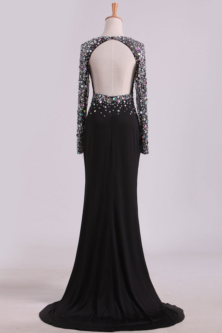2022 Open Back Long Sleeves With Beading And Slit Prom Dresses Sweep Train Spandex