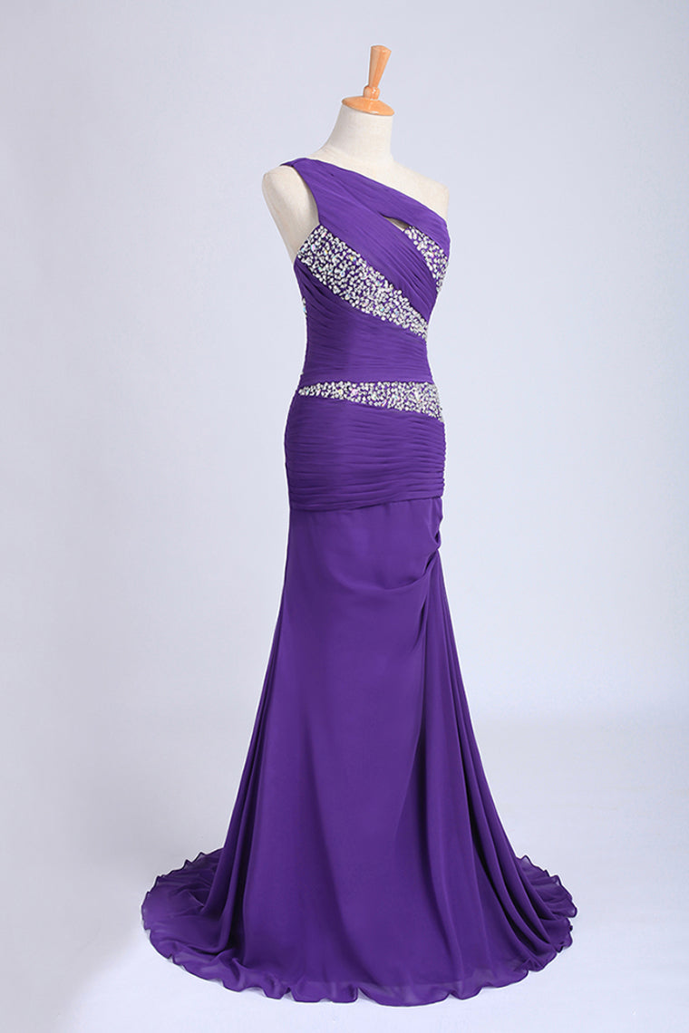 2022 One Shoulder Mermaid Court Train Chiffon Prom Dresses
