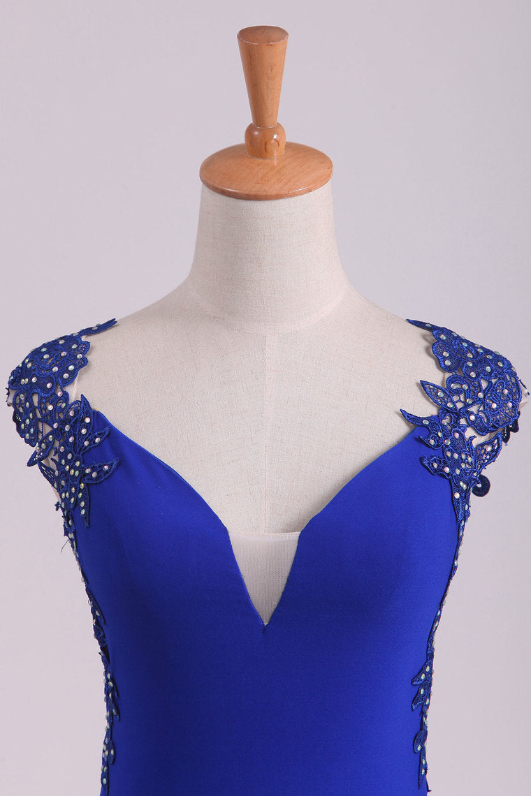 2022 Prom Dresses Sheath Straps Spandex With Applique Open Back