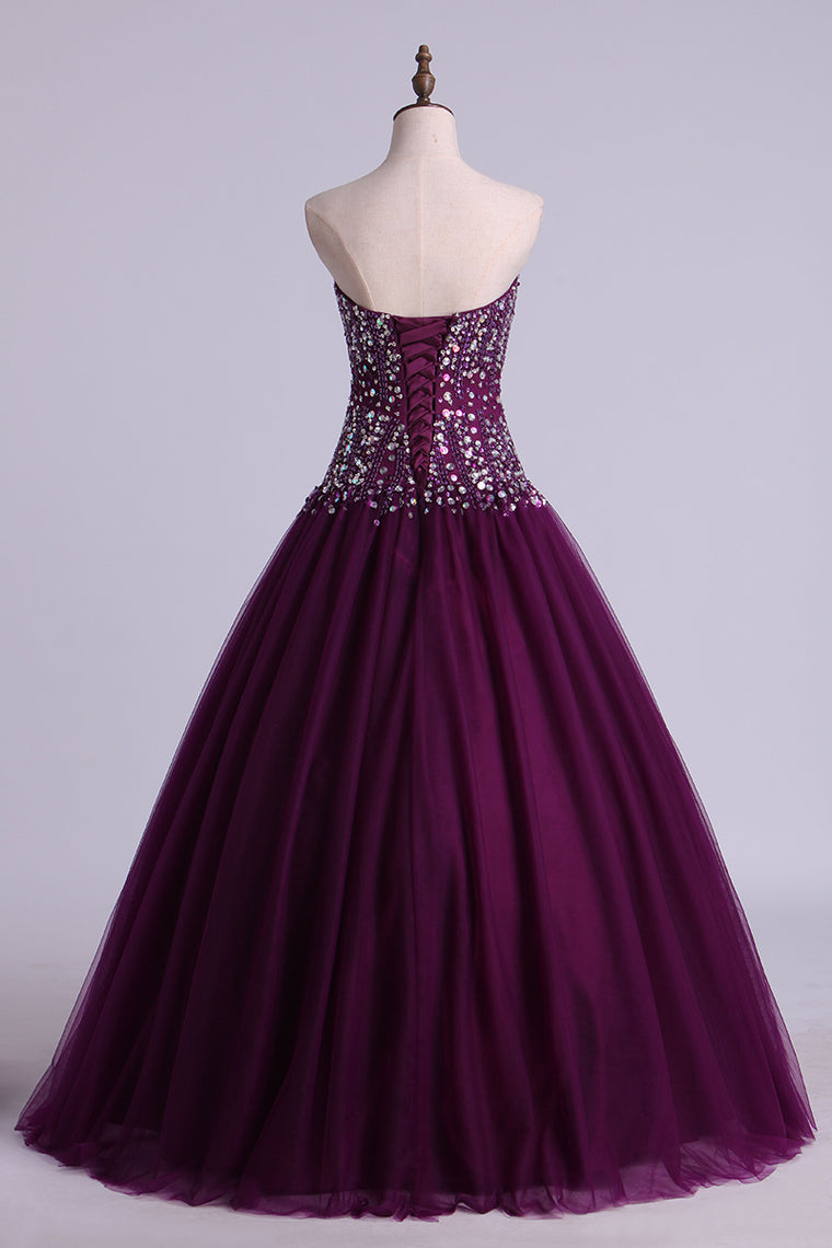 2022 Ball Gown Sweetheart Quinceanera Dresses Beaded Bodice Floor Length Tulle
