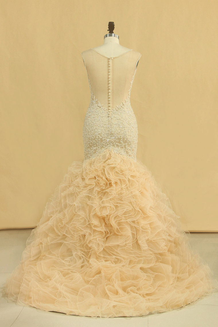 2022 Mermaid Wedding Dresses V-Neck Tulle See-Through Back Chapel Train Plus Size