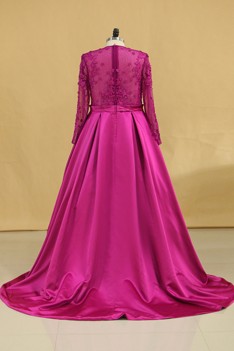 2022 Hot Plus Size Prom Dresses Scoop A Line Satin Long Sleeves With Pocket