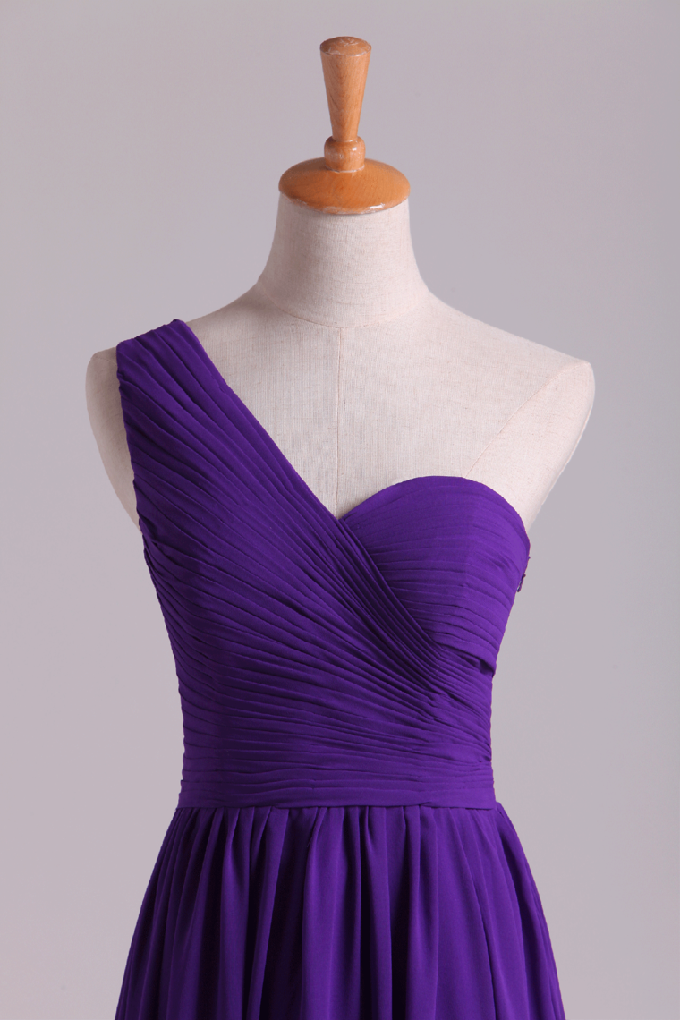 2022 Evening Dress One Shoulder Pleated Bodice Lace Back A Line Full Length Chiffon