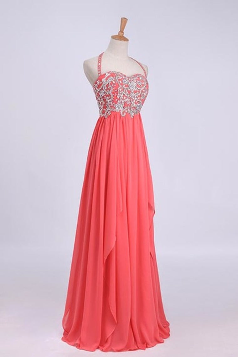 2022 Prom Dresses Empire Waist Halter Floor Length Chiffon