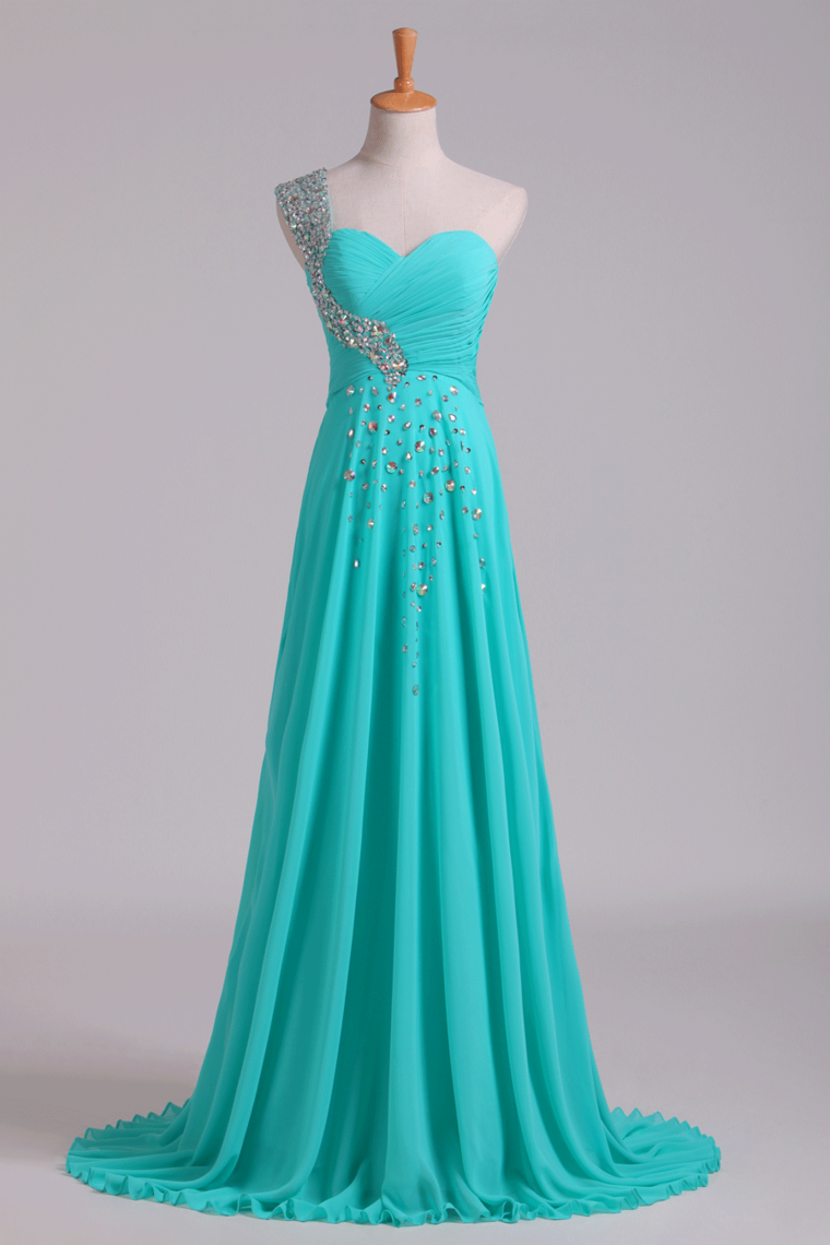2022 Prom Dress One Shoulder Ruffled Bodice With Rhinestone Beaded Strap