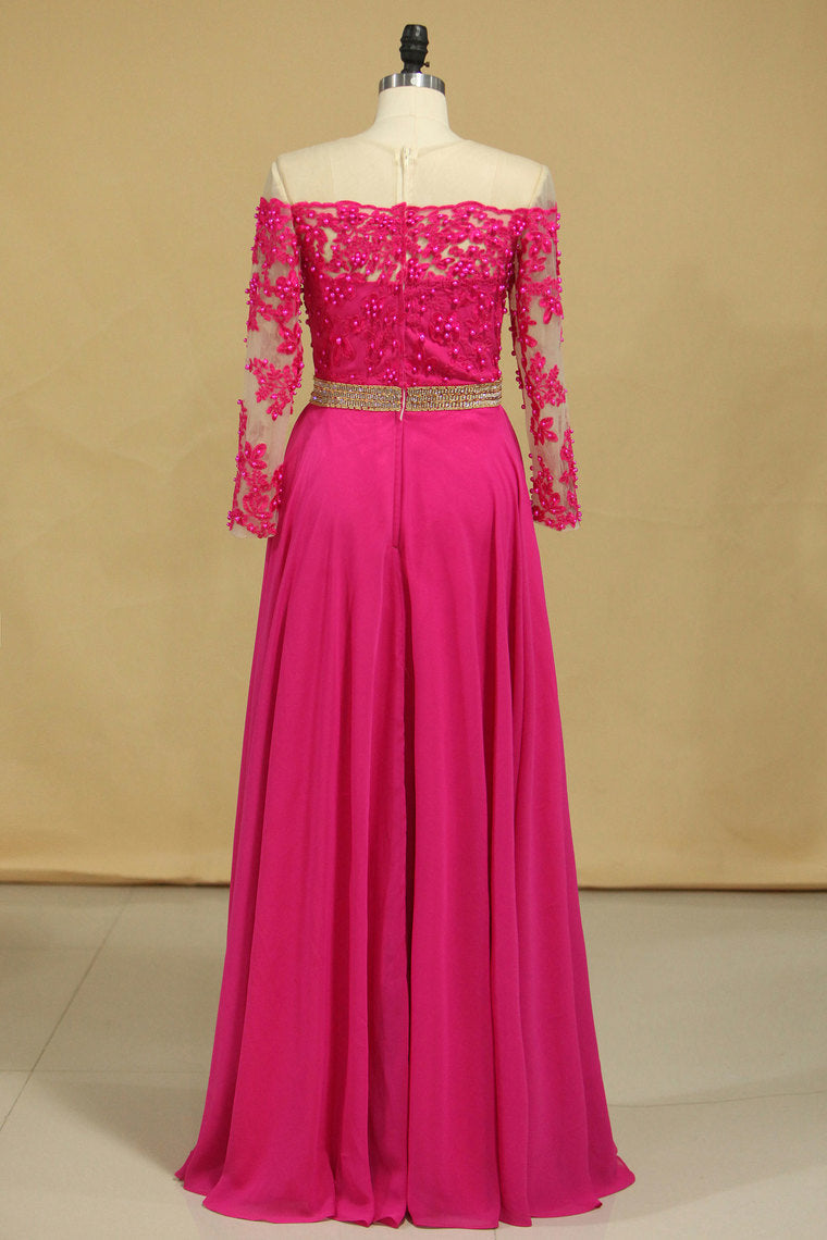 2022 Scoop Prom Dresses A Line Chiffon With Applique And Beads Sweep Train