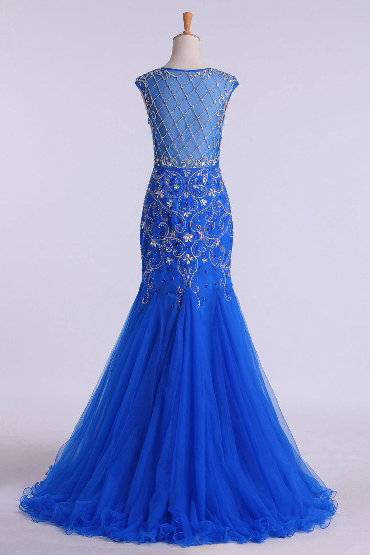 2022 Scoop Beaded And Fitted Bodice Trumpet Prom Dress Tulle