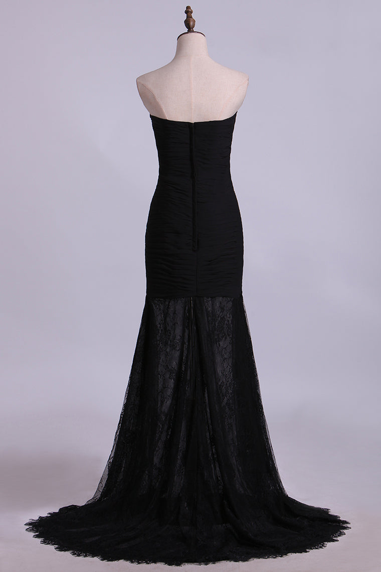 2022 Prom Dresses Sweetheart Column Pleated Bodice Chiffon And Lace