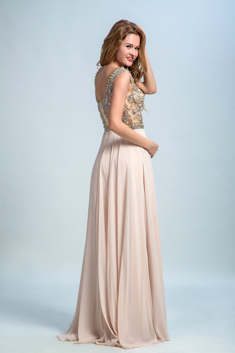 2022 Prom Dresses A-Line Scoop Beaded Bodice Floor-Length Chiffon Zipper Back