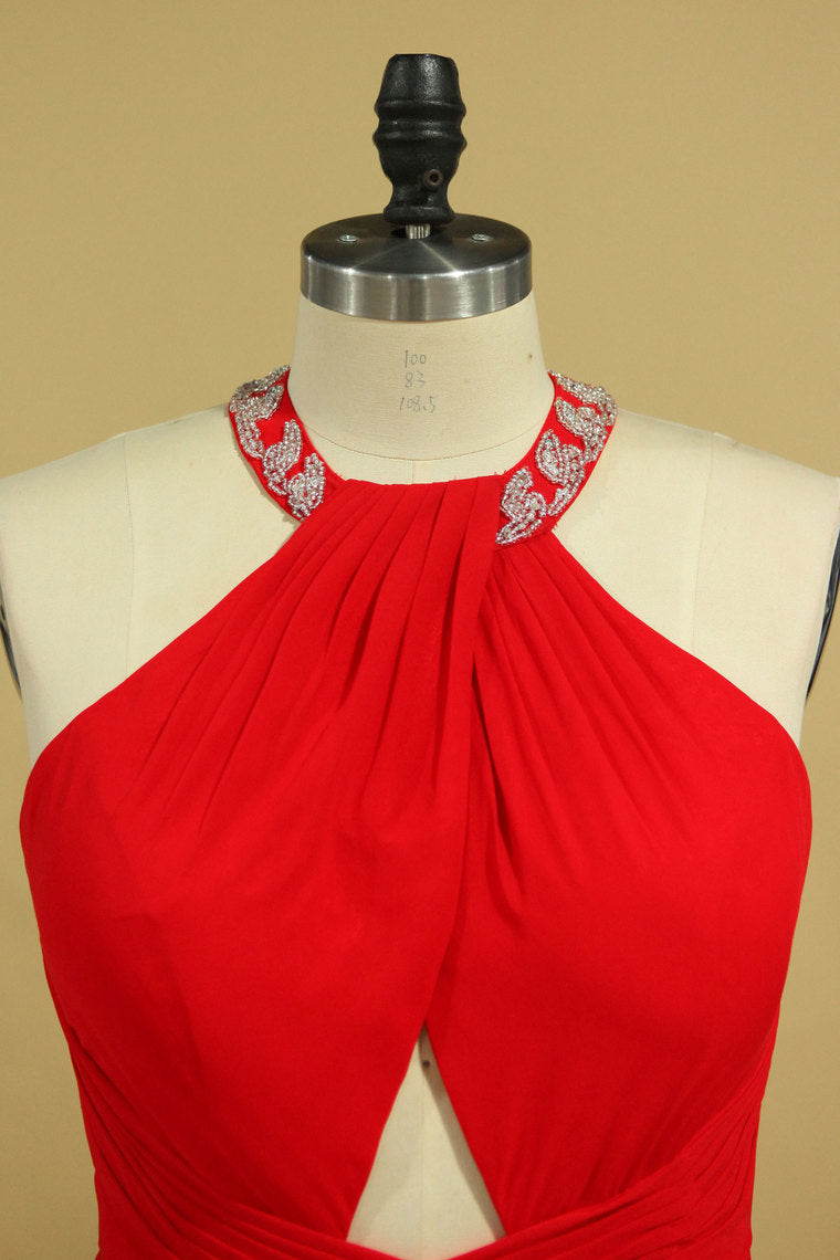 2022 Red Plus Size Scoop Prom Dresses Floor Length Spandex With Beading And Ruffles