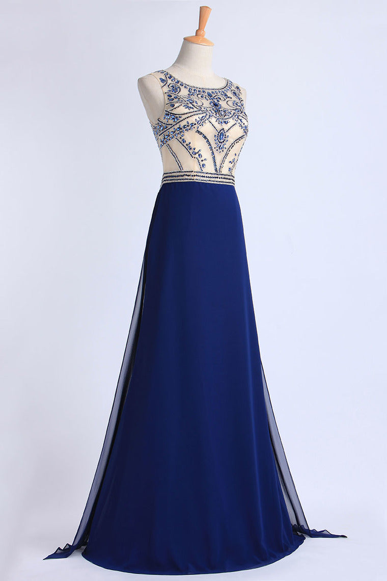 2022 Scoop A Line Full Length Red Prom Dress Beaded Tulle Bodice With Chiffon Skirt