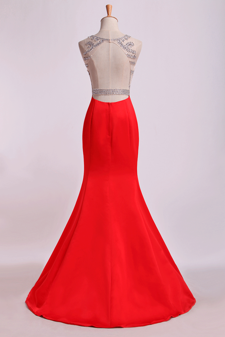2022 Prom Dresses Two-Tone Bateau Mermaid Beaded Bodice Satin&Tulle Sweep Train
