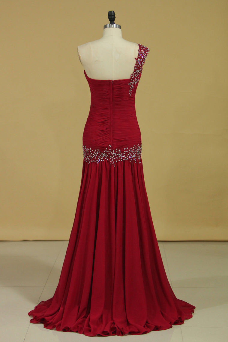2022 Burgundy/Maroon High Quality Prom Dresses Mermaid Sweetheart One Shoulder Chiffon Ruffled