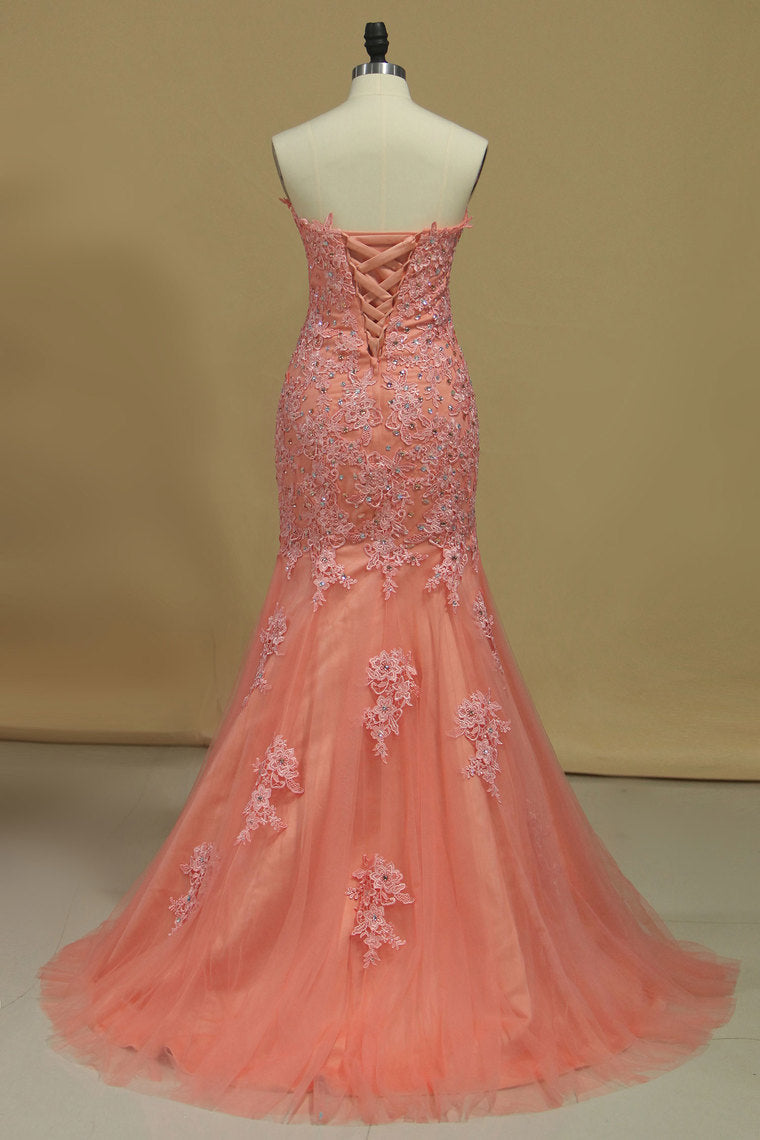 2022 Mermaid Prom Dresses Sweetheart With Beading And Applique Tulle Sweep/Brush Train